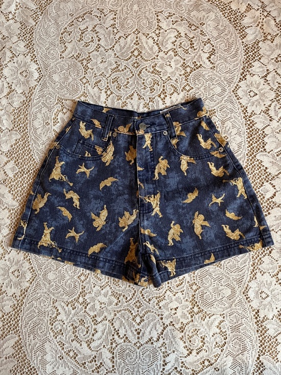 Blues Trademark Jeans Pants - Blues Trademark Jeans 90's Cherub High Waist Jean Shorts, Blue & Gold, Size 3/4